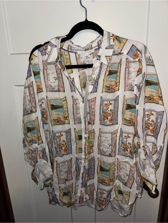 Jane and Delancey Tops - Jane and Delancey White Button-Front Shirt with Pastel Window Print